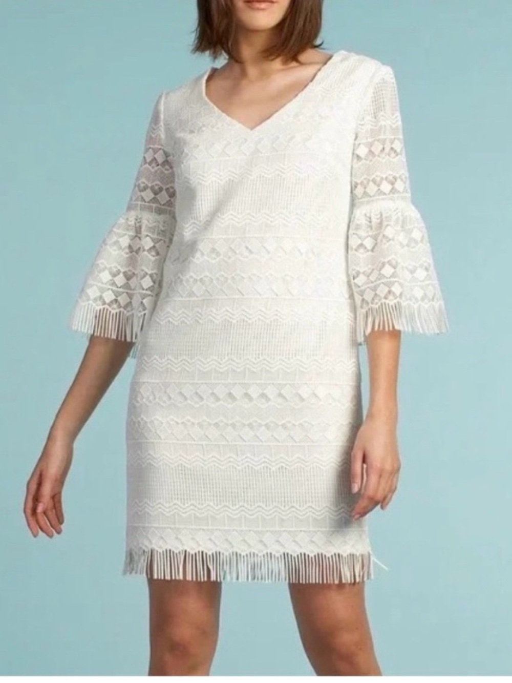 NWT Trina Turk White Lace Fringe V-Neck Mini Dress with Bell Sleeves | Size 4